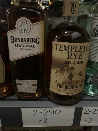 Lot  2-290  BUNDABERG RUM 750ML (1), TEMPLETON RYE WHISKEY