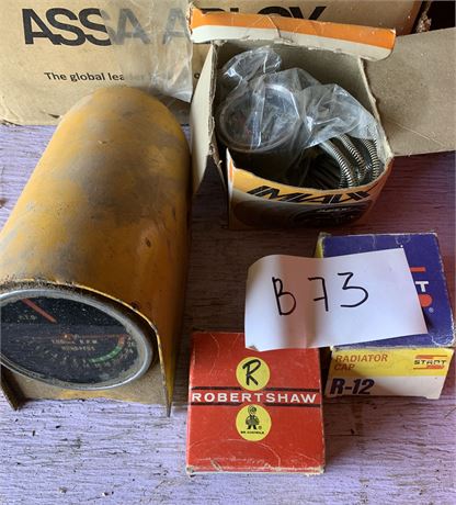 Lot 73 - (1) Heavy Equipment Tachometer, (1) Water Temp Gauge, (2) Rad Clamps