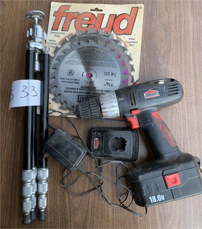 Lot 33 - Power Drill, Saw Blades, Chargers, Tripod