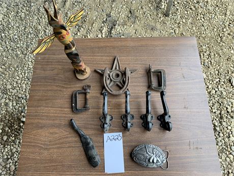 Lot 223 - Cast iron door knocker, C-Clamps, Hooks and misc