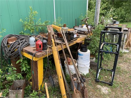 Lot 241 - Custom Heavy Duty Welding Bench, (2) Big Vises and Misc