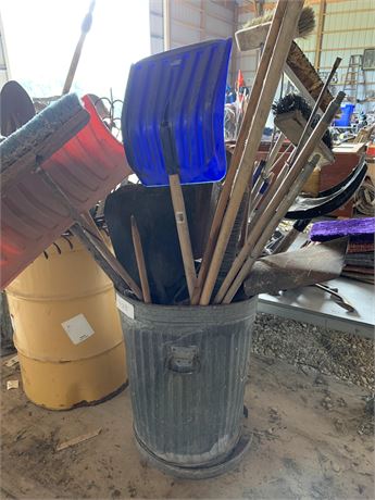 Lot 128 - Brooms rakes and shovels