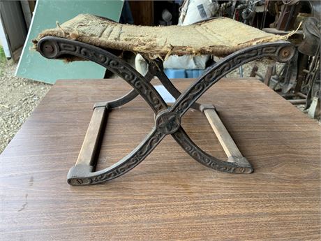 Lot 219 - Antique cast iron folding carriage buggy upholstered foot stool