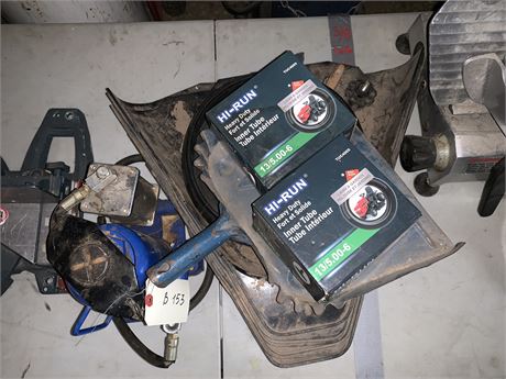 Lot 153 - Lawn Tractor Tire Tubes, Dust Pans and Hydraulic Jack