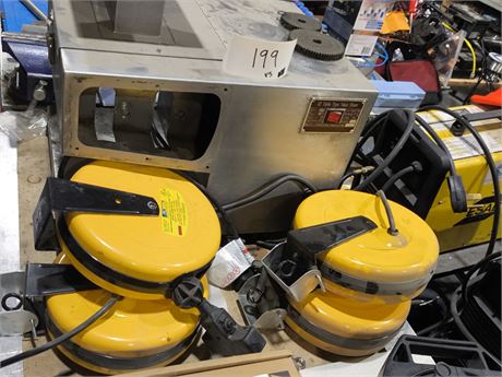 Lot 199 - Retractable Extension Cord Reels and  Meat Slicer