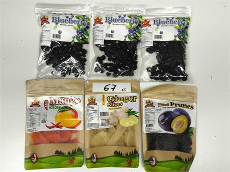 Lot 67 - kfi dried blueberry,mango slice,ginger slices,pitted prunes