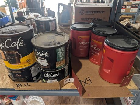 Lot 75- 1.2 kg Folgers Classic Roast Coffee, McCafe Decafinated Coffee.