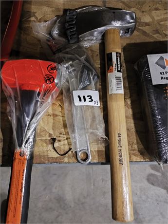 Lot 113 - (1) Procore maul axe (1) 4lb jet hammer, (1) 10" adjustable wrench